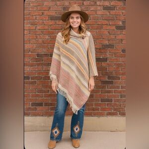 Rhonda Stark Wool Aztec Western Fringe Poncho Women's Large